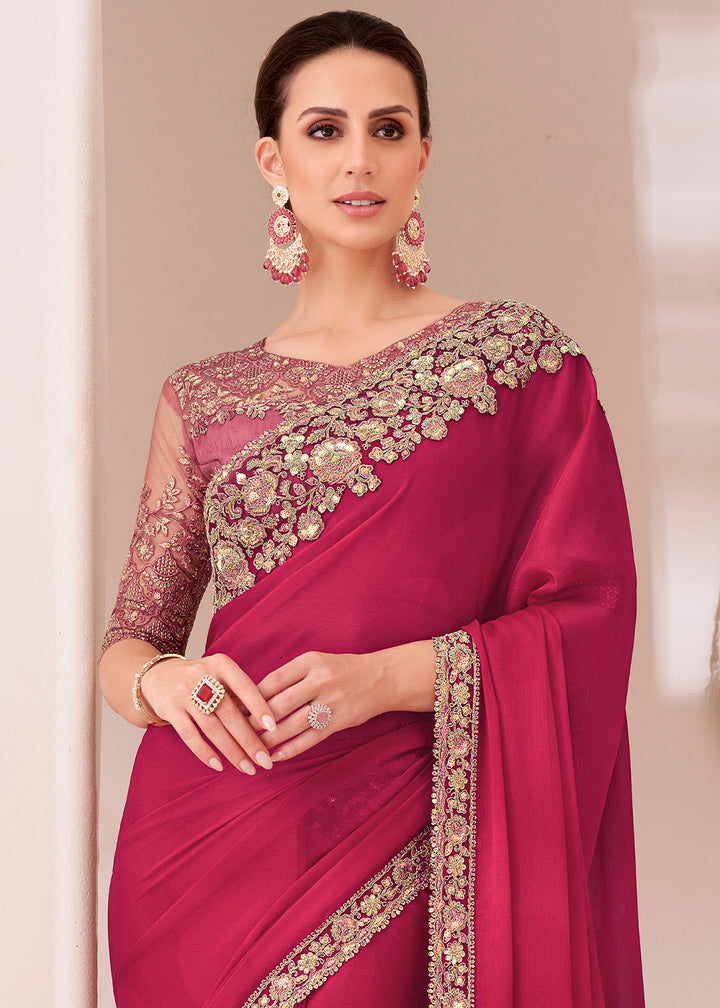 Beautiful Ruby Pink Designer Embroidered Satin Chiffon Saree with intricate detailing