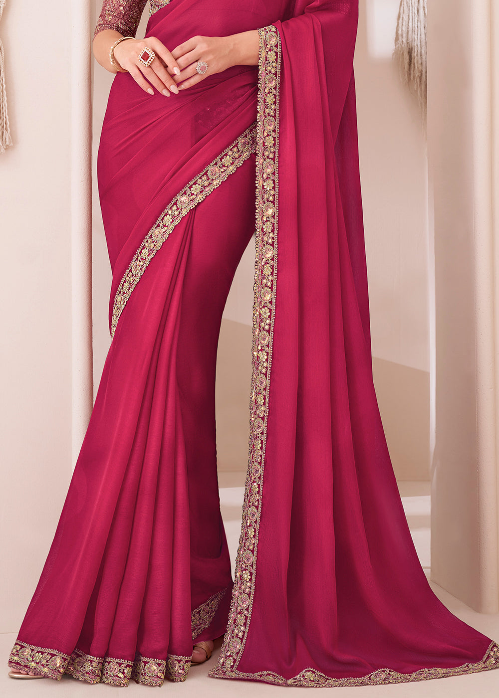  Beautiful Ruby Pink Designer Embroidered Satin Chiffon Saree with golden border and delicate embellishments