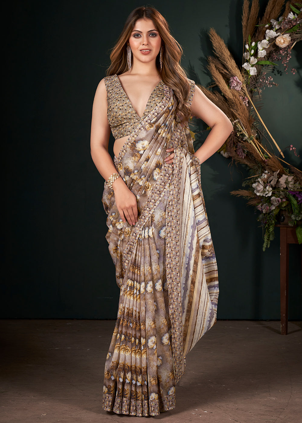 Shades Of Brown Floral Digital Printed Silk Saree