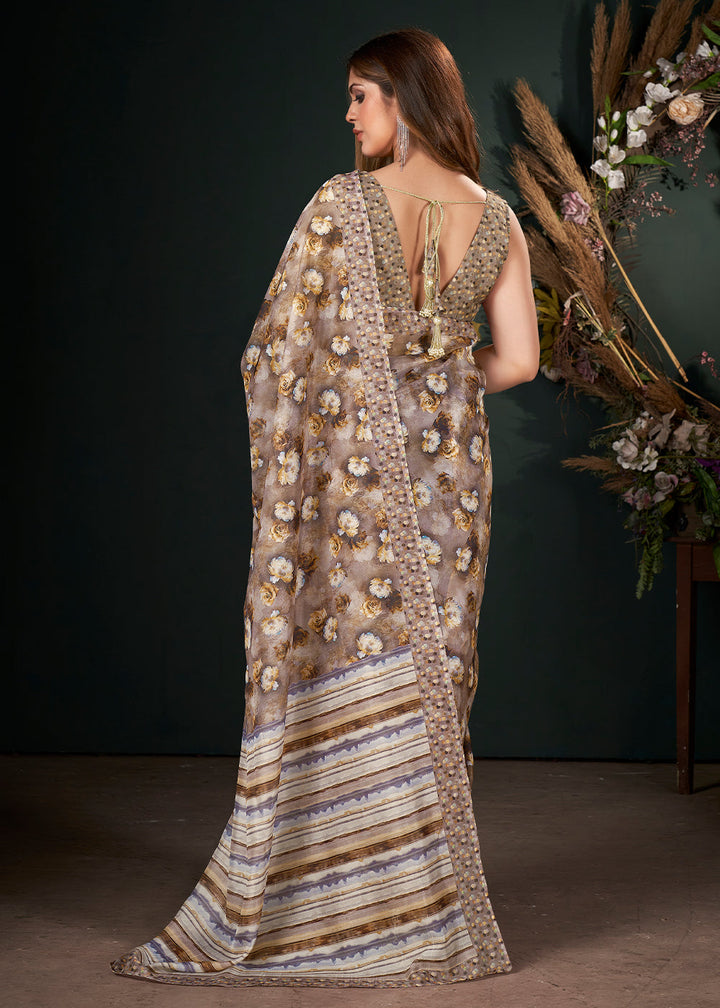 Shades Of Brown Floral Digital Printed Silk Saree