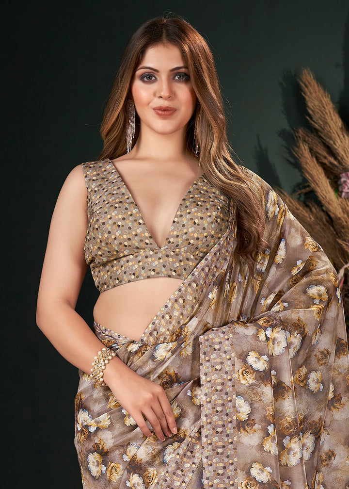 Shades Of Brown Floral Digital Printed Silk Saree