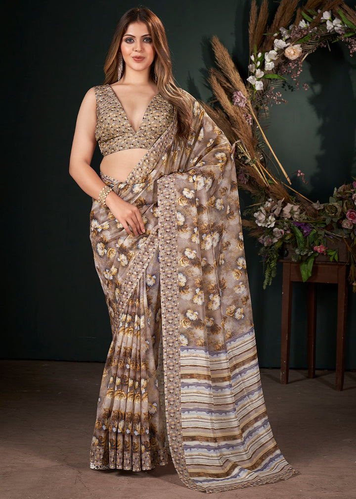 Shades Of Brown Floral Digital Printed Silk Saree