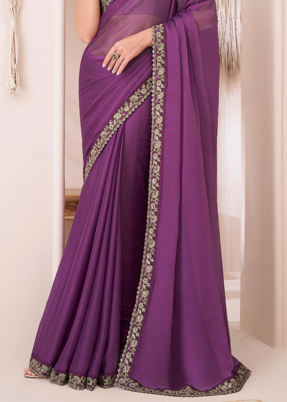 Royal Purple Designer Embroidered Georgette Chiffon Saree