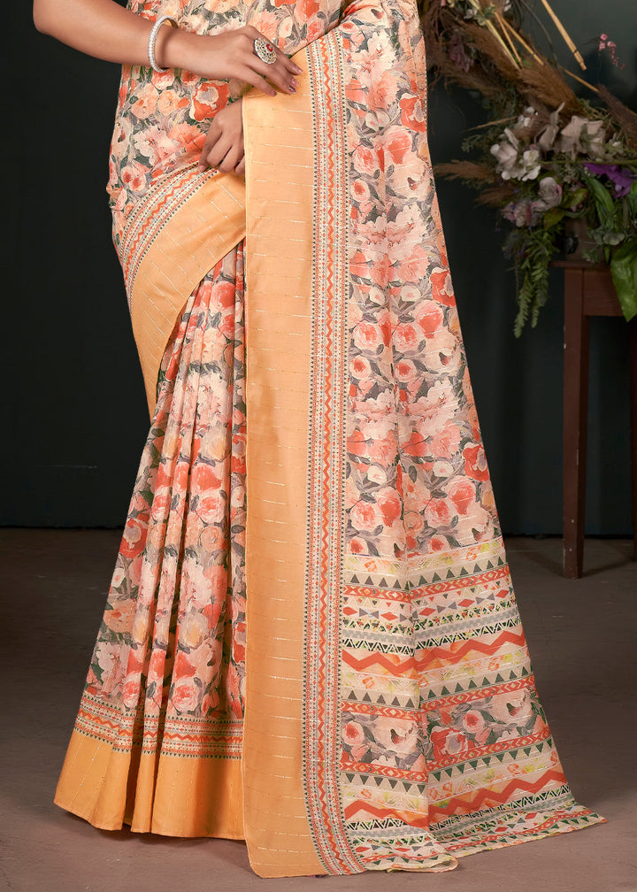 Shades Of Yellow Floral Digital Printed Silk Saree with Sequence Weave