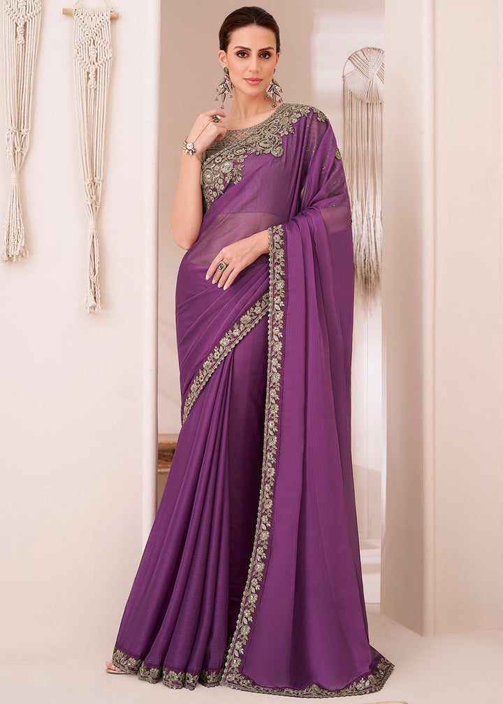 Royal Purple Designer Embroidered Georgette Chiffon Saree