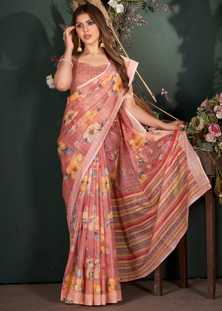 Shades Of Pink Floral Digital Printed Silk Saree with Sequence Weave