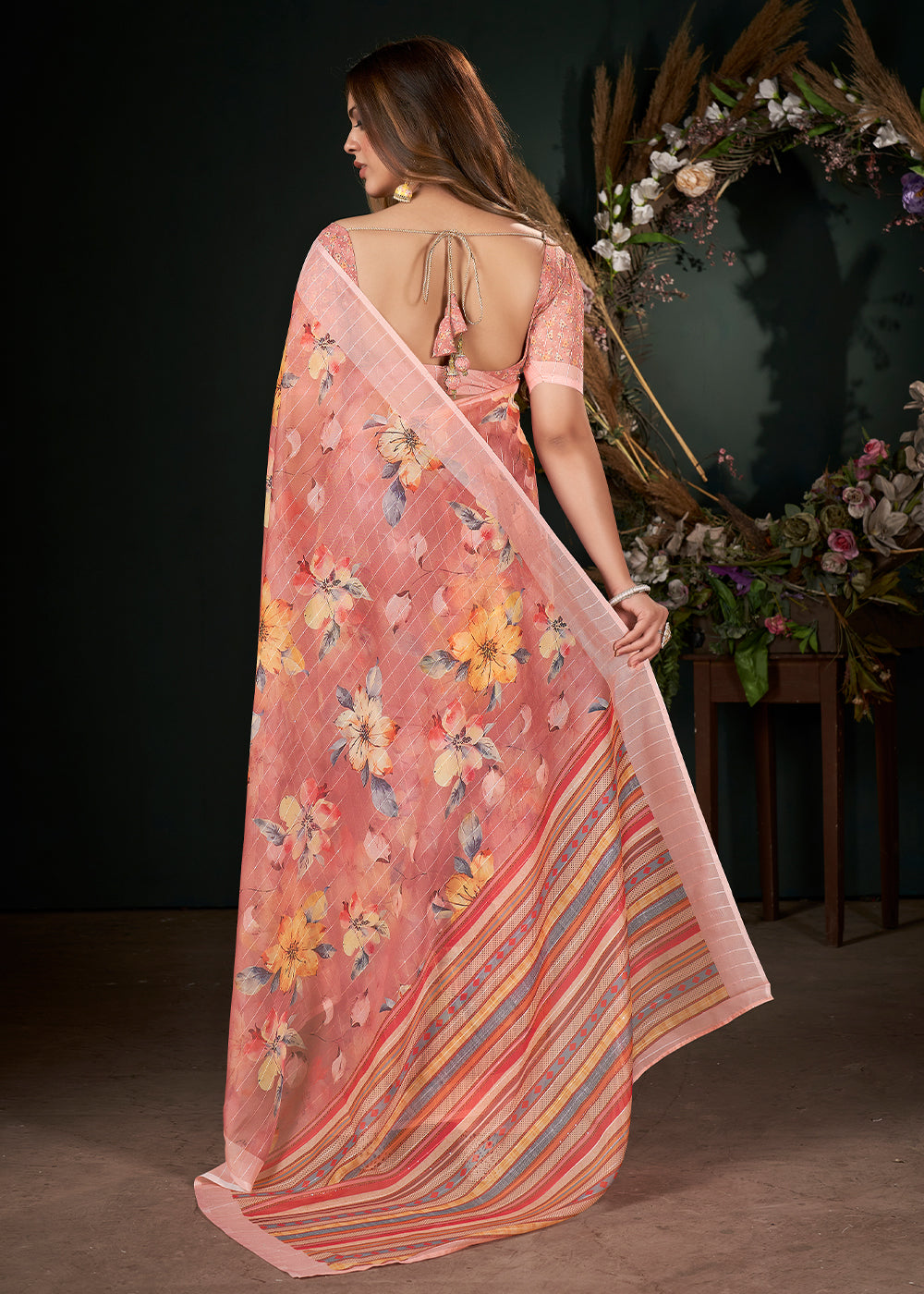 Shades Of Pink Floral Digital Printed Silk Saree with Sequence Weave