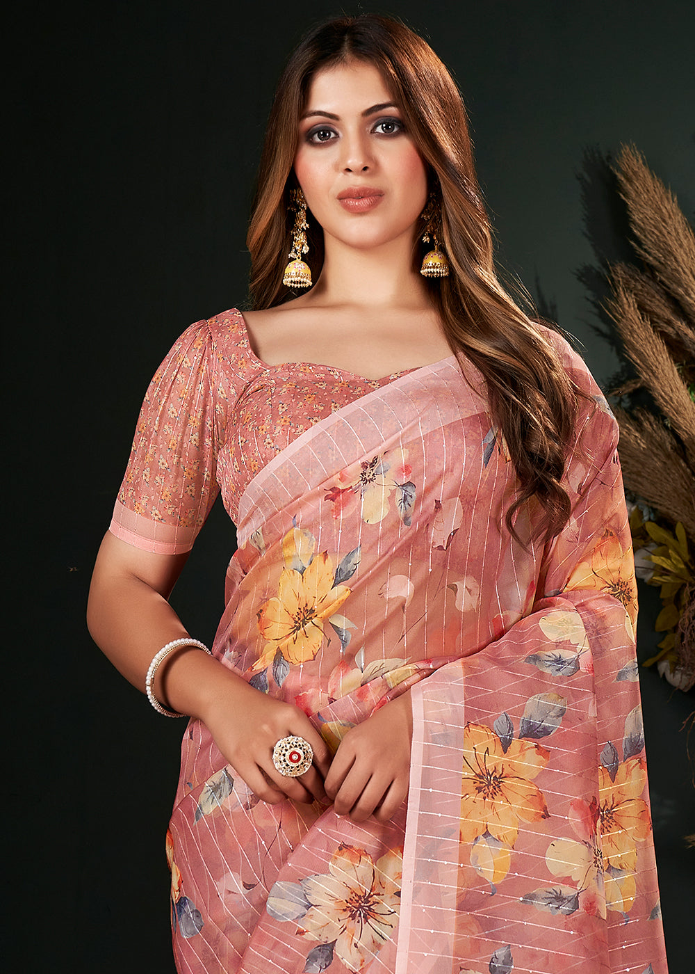 Shades Of Pink Floral Digital Printed Silk Saree with Sequence Weave