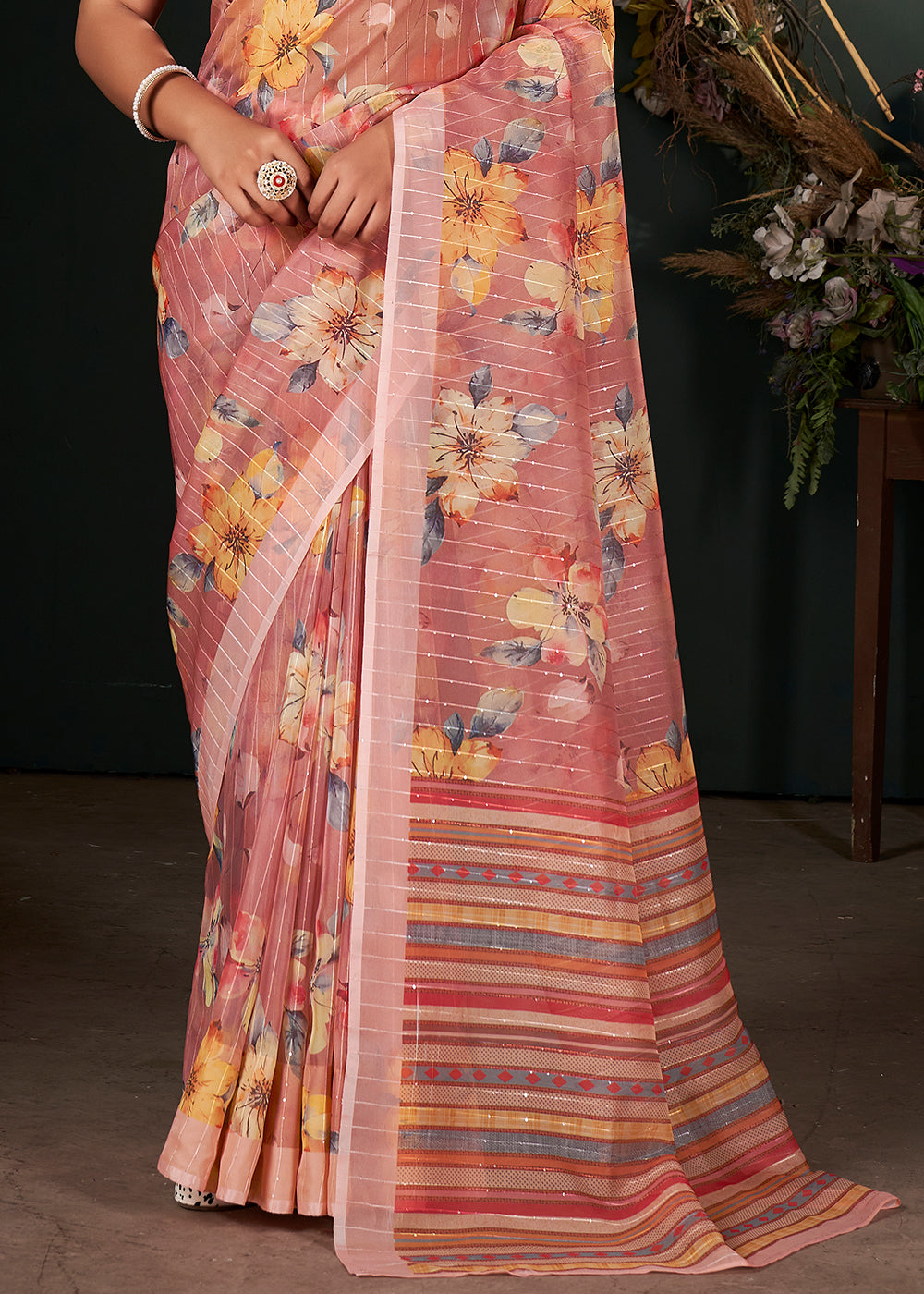 Shades Of Pink Floral Digital Printed Silk Saree with Sequence Weave