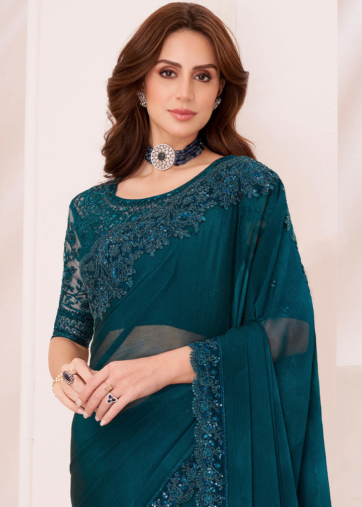 Dark Yale Blue Designer Embroidered Shaded Chiffon Saree