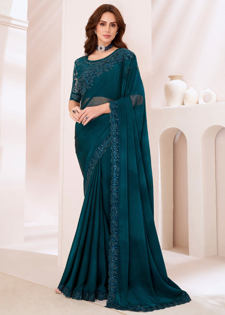 Dark Yale Blue Designer Embroidered Shaded Chiffon Saree