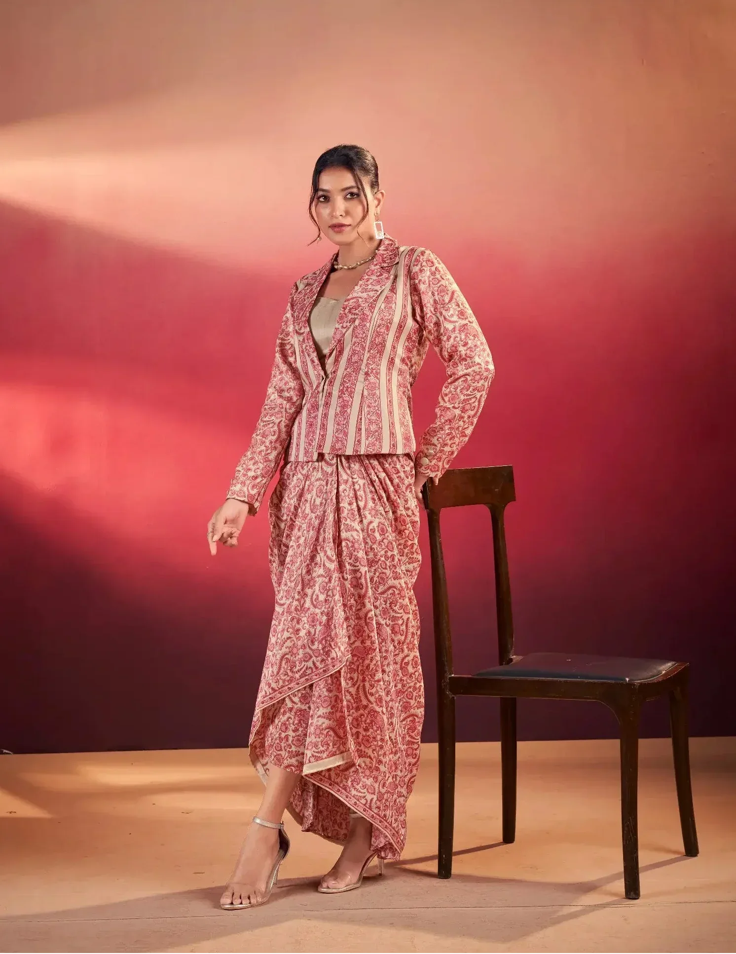 Peach Tasar Silk Stylish Indo-Western