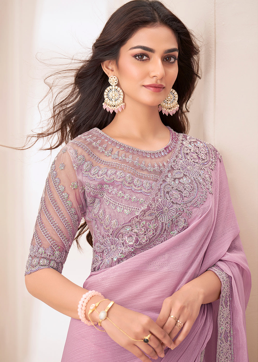 Light Lilac Purple Designer Embroidered Shaded Chiffon Saree