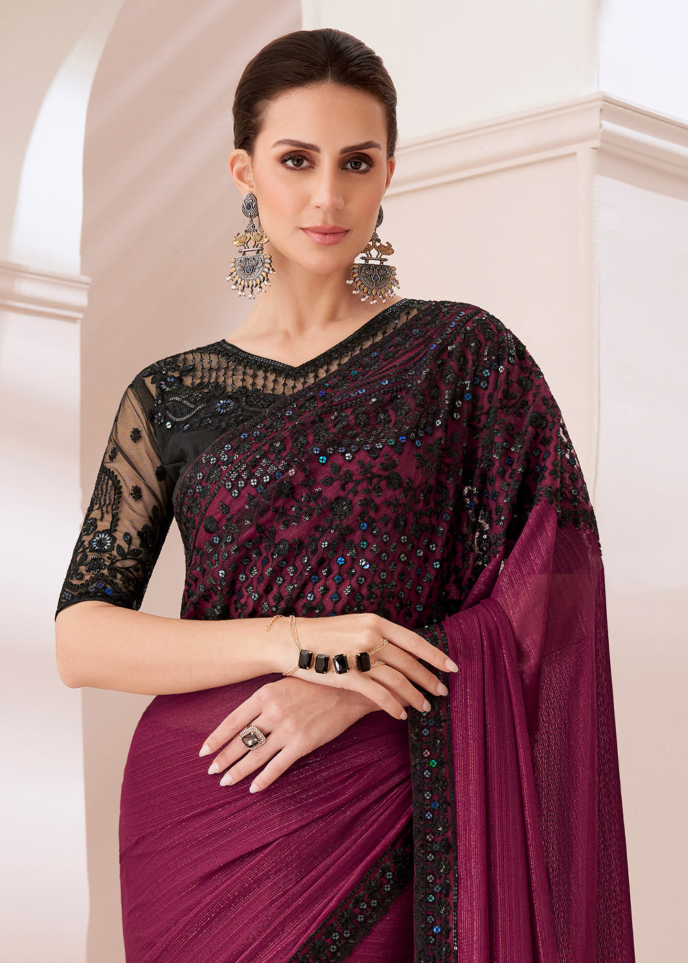 Sangria Purple Designer Embroidered Satin Georgette Saree - qivii