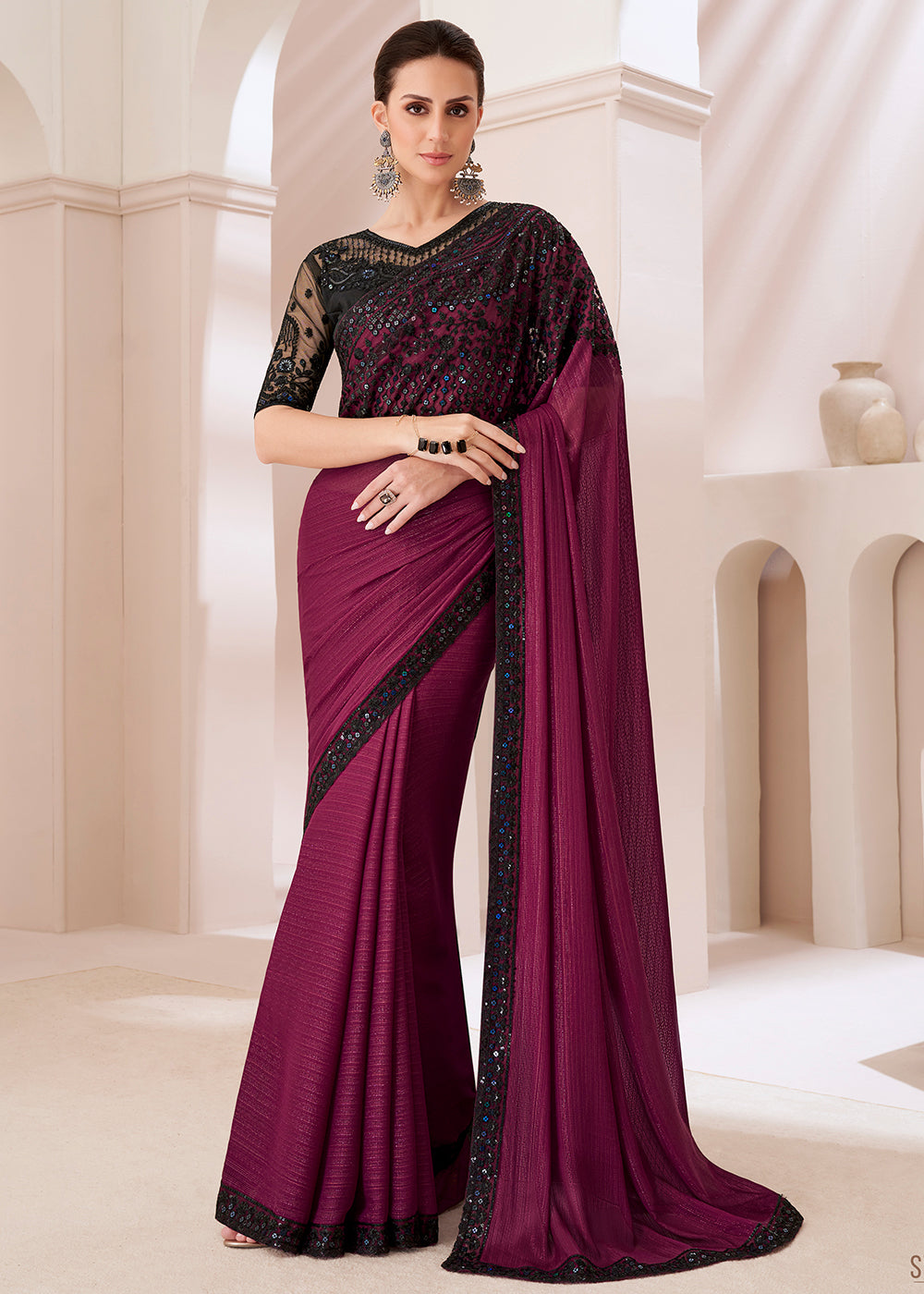 Sangria Purple Designer Embroidered Satin Georgette Saree - qivii