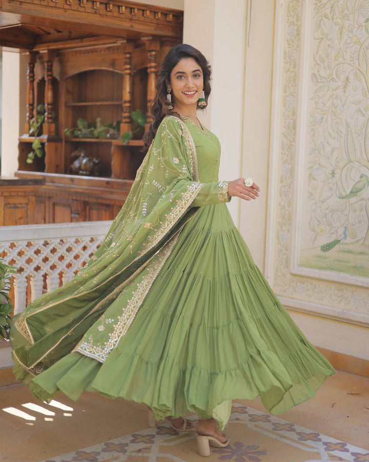 Parrot green faux georgette designer anarkali gown with dupatta, by Qivii, elegantly flowing floor-length dress with intricate embroidery and matching dupatta