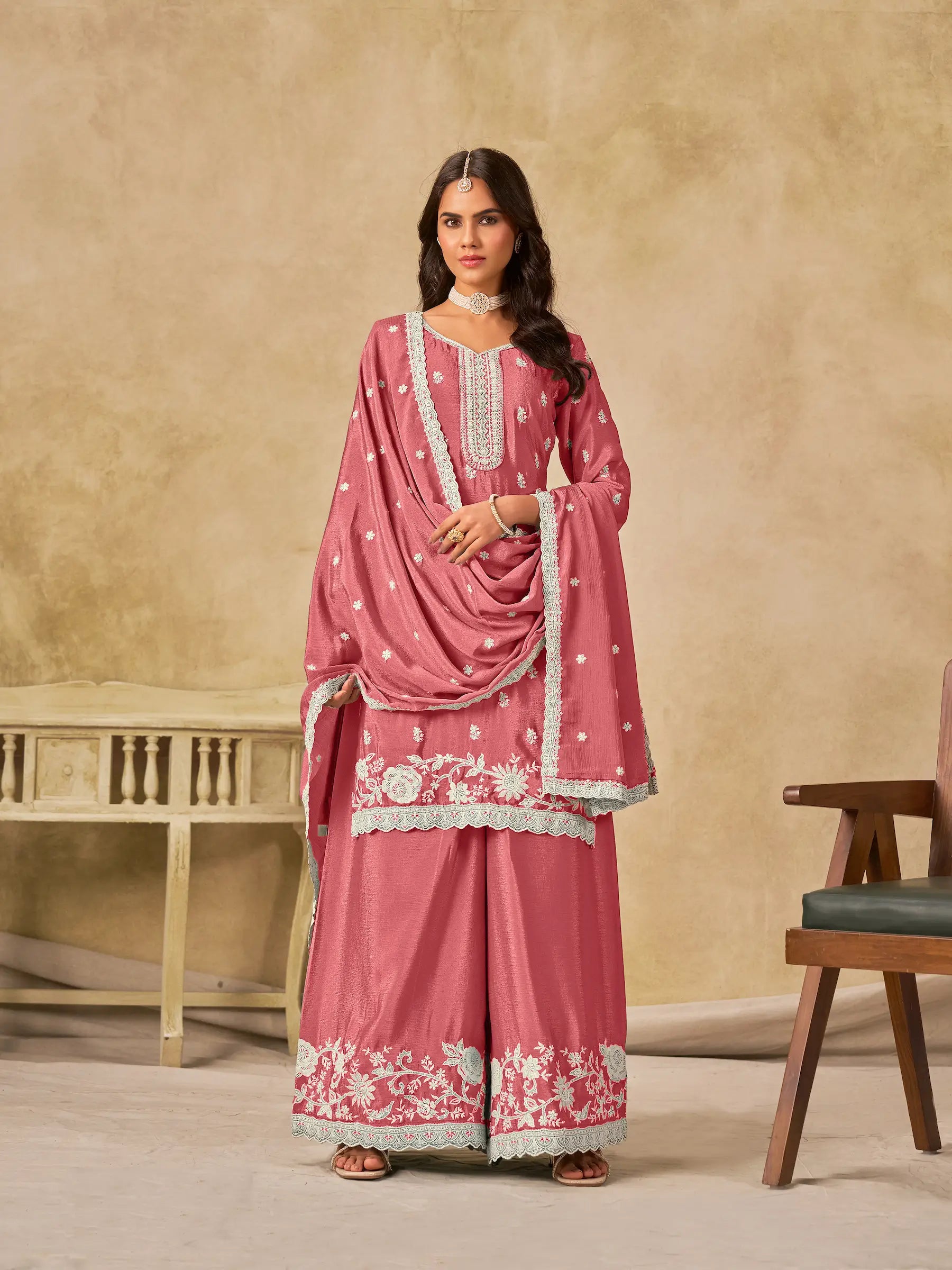 Peach Pink Chinon Embroidery Work Palazzo Suit - qivii