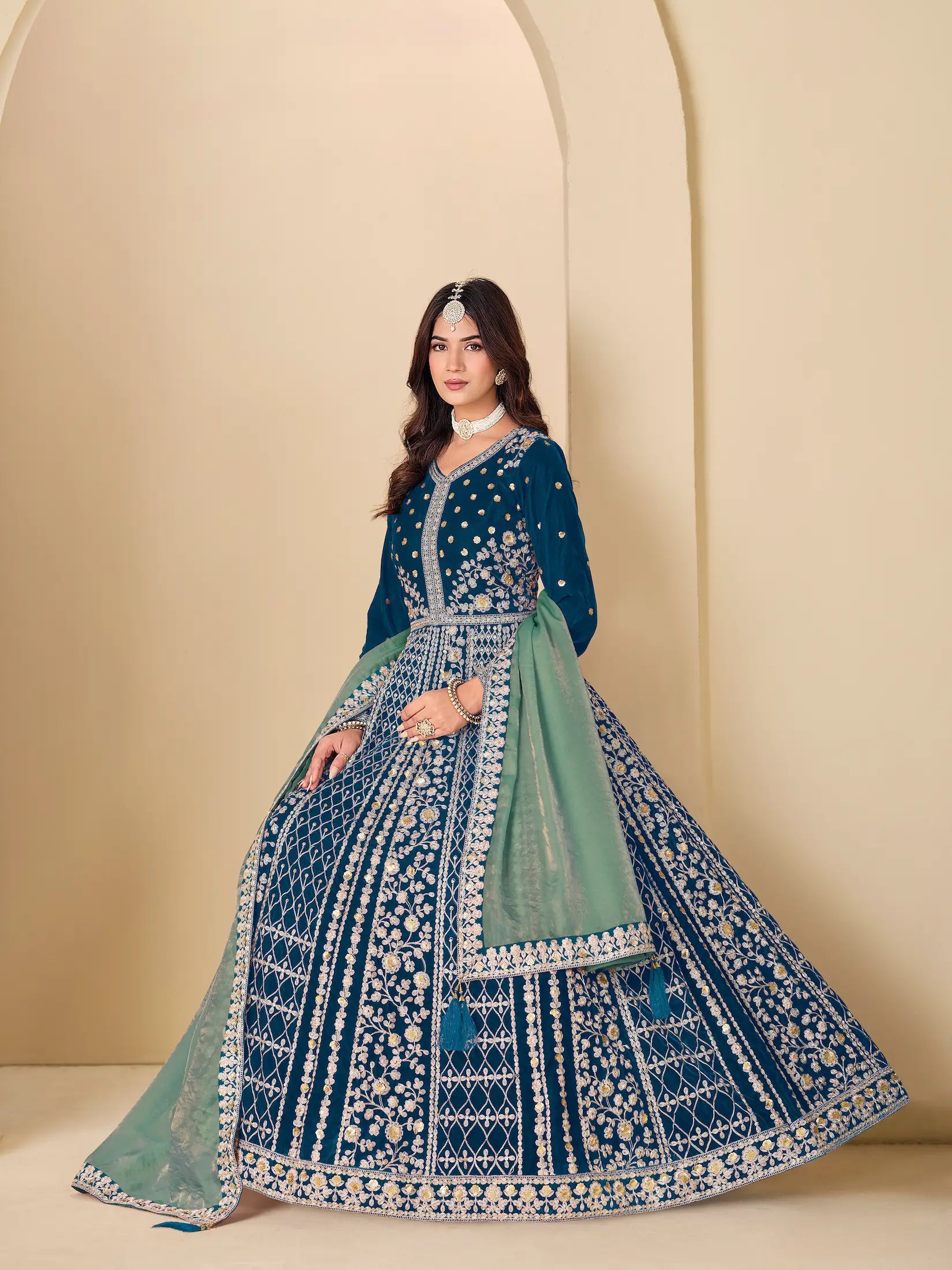 Teal Blue Velvet Heavy Embroidered Gown