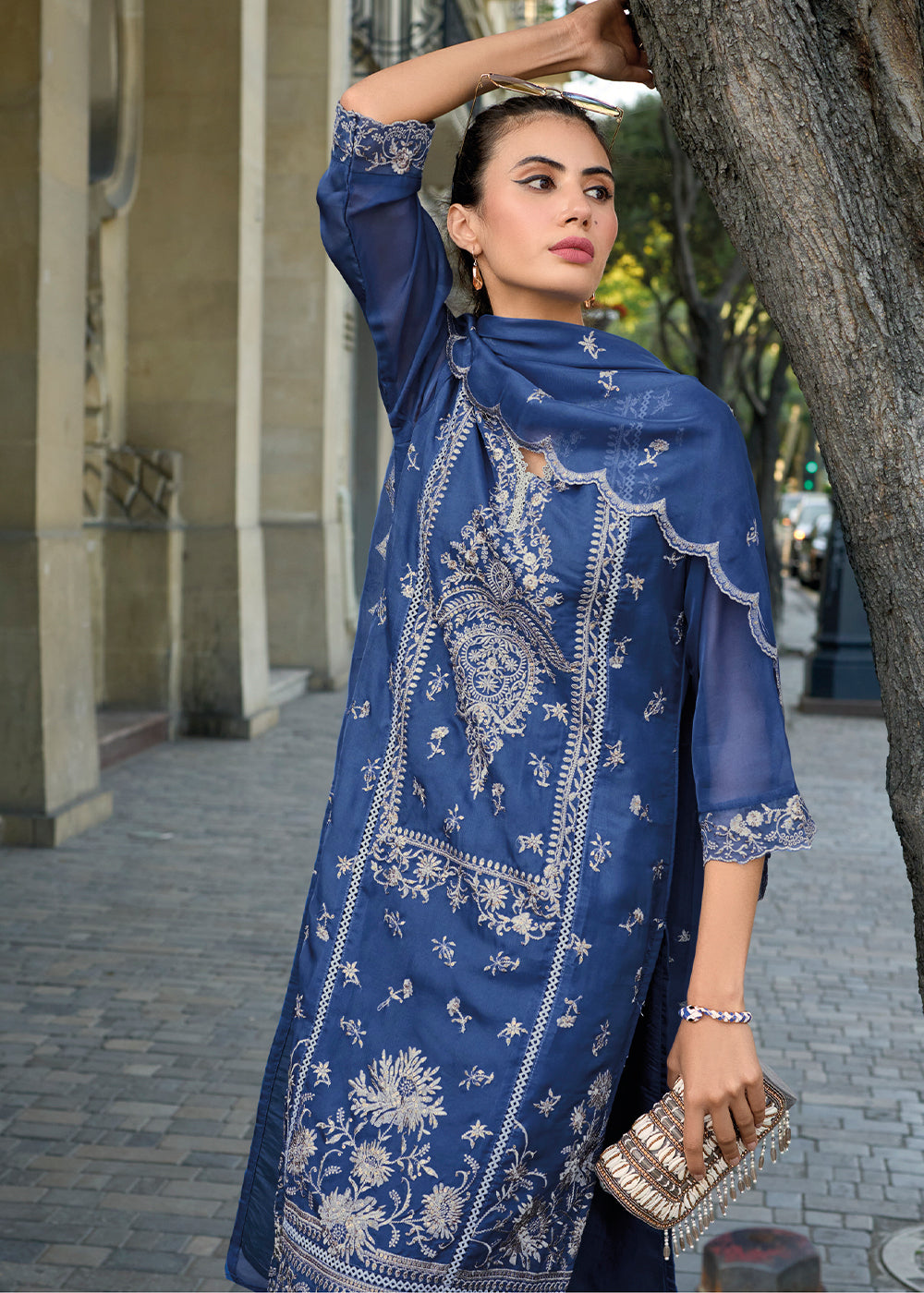 Lapis Blue Intricate Embroidered Organza Suit