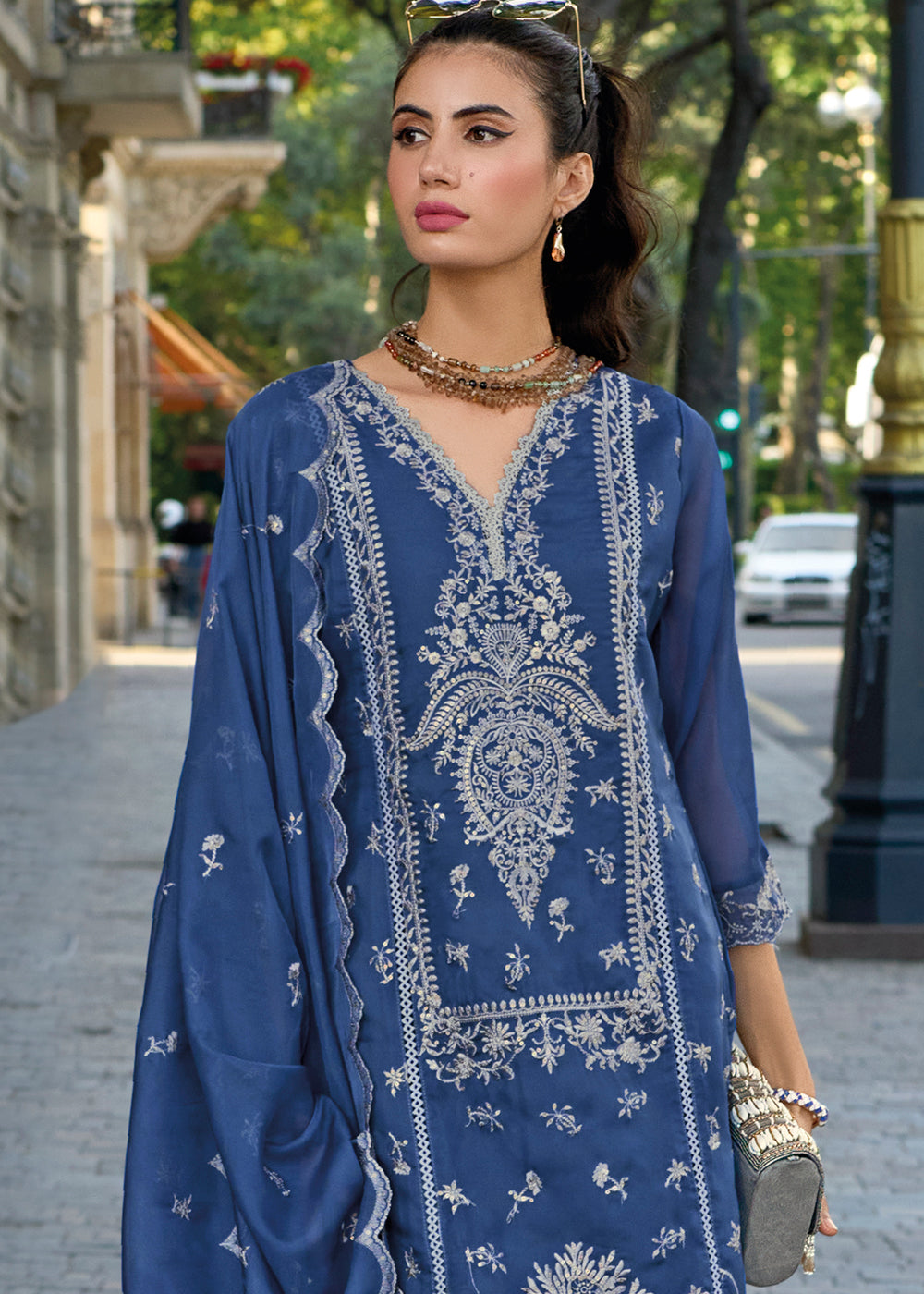 Lapis Blue Intricate Embroidered Organza Suit