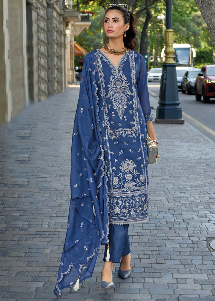 Lapis Blue Intricate Embroidered Organza Suit