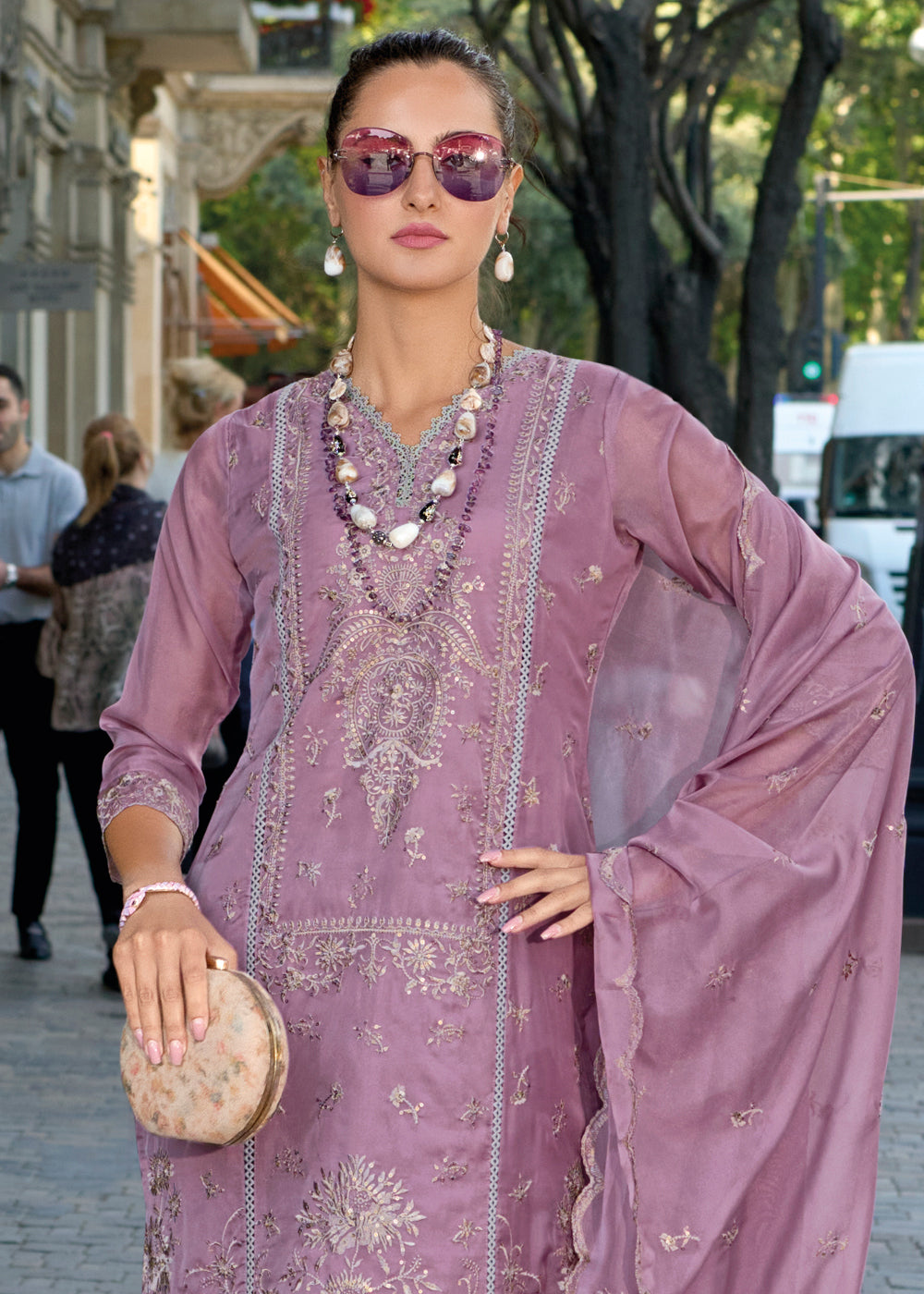 French Lilac Purple Intricate Embroidered Organza Suit