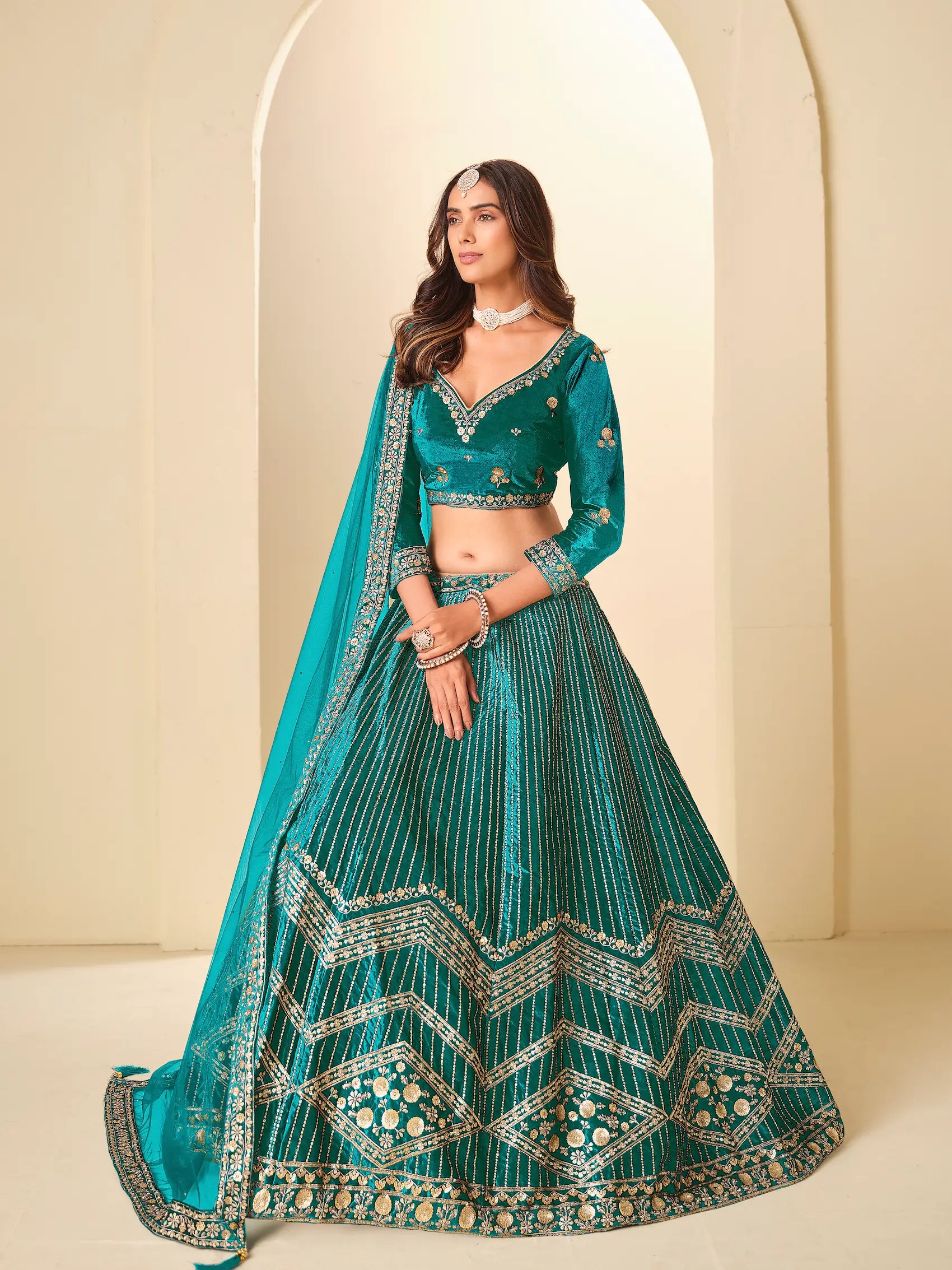 Dark Teal Velvet Lehenga Choli With Embroidery