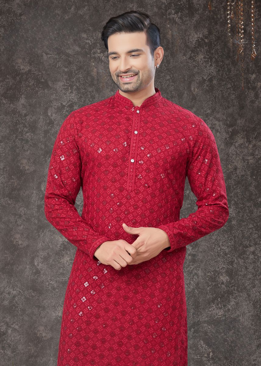 Red Rayon Sifly Cotton Kurta Set - qivii
