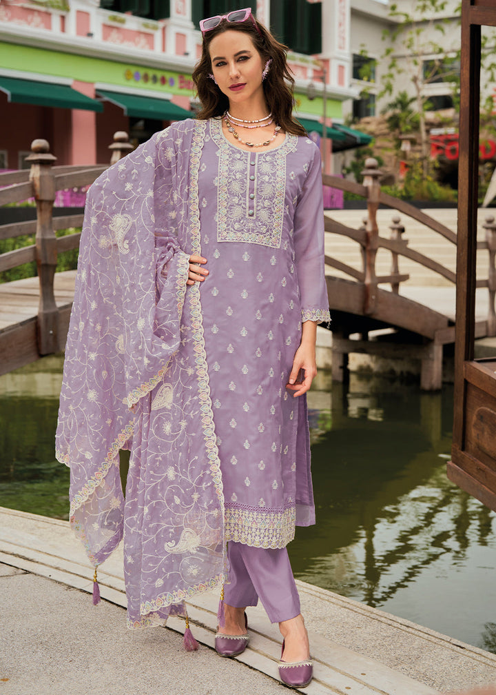  Elegant Lilac Purple Organza Suit with Fine Embroidery and Full Sleeve Design