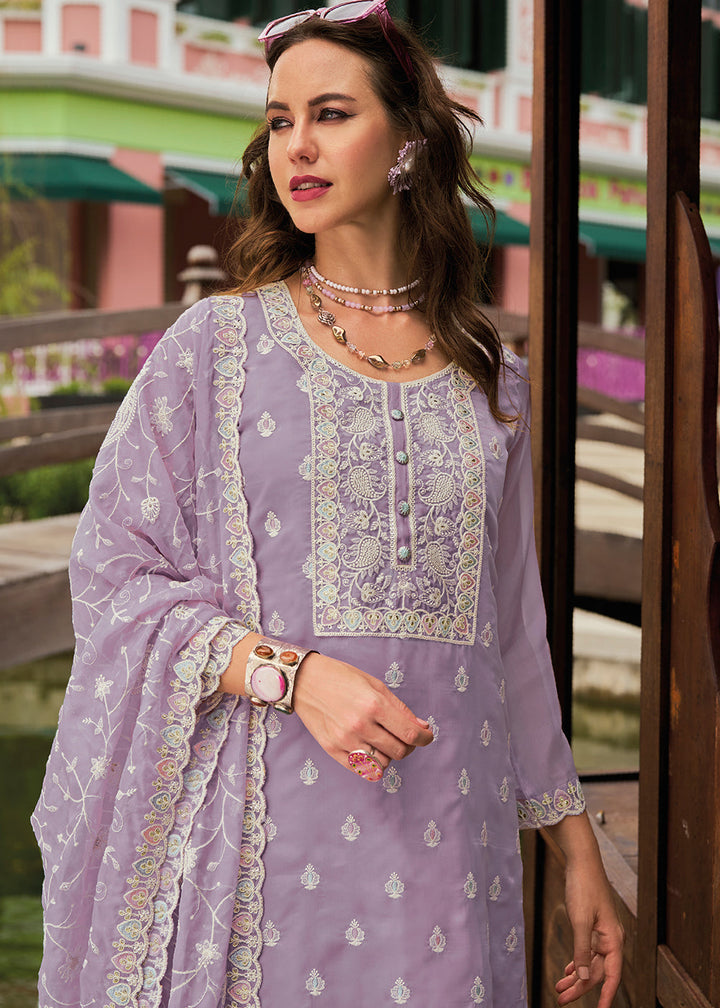  Intricately Embroidered Lilac Purple Organza Suit with Matching Dupatta