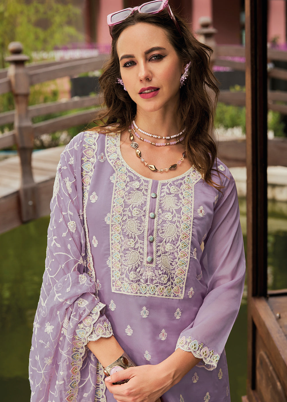 Lilac Purple Intricate Embroidered Organza Suit