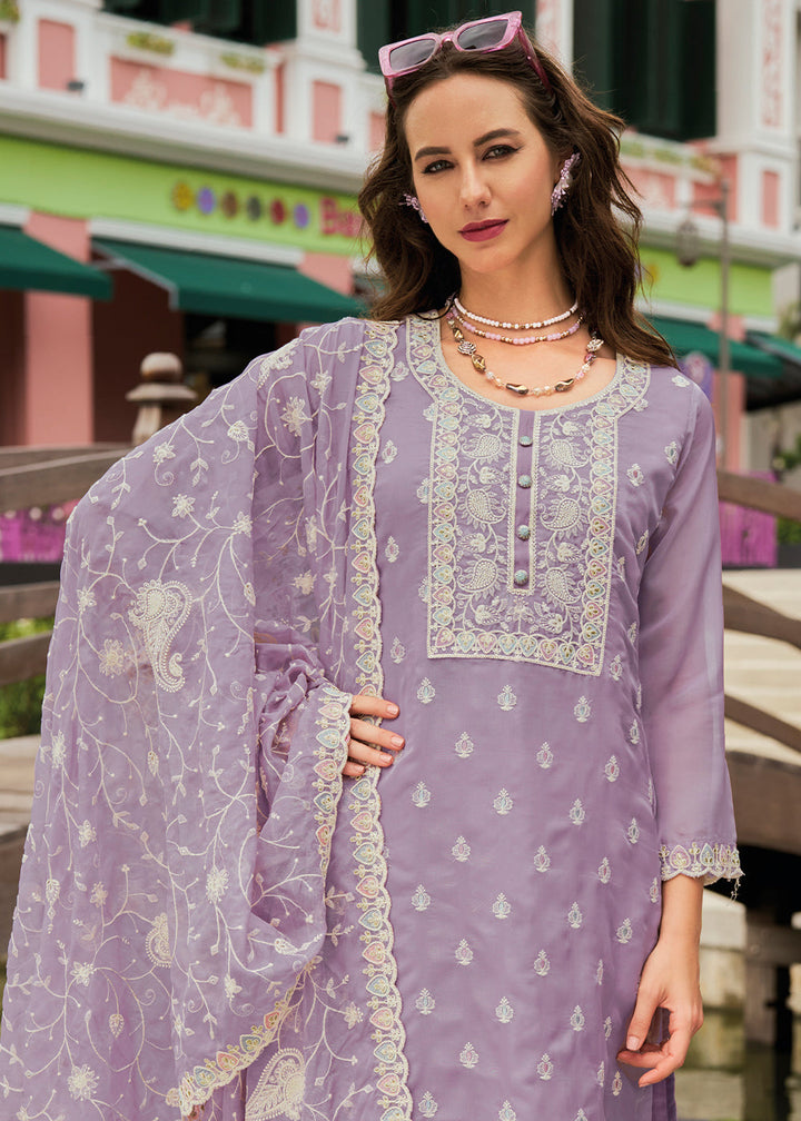  Elegant Lilac Purple Intricate Embroidered Organza Suit with Detailed Floral Designs and Delicate Sheer Fabric