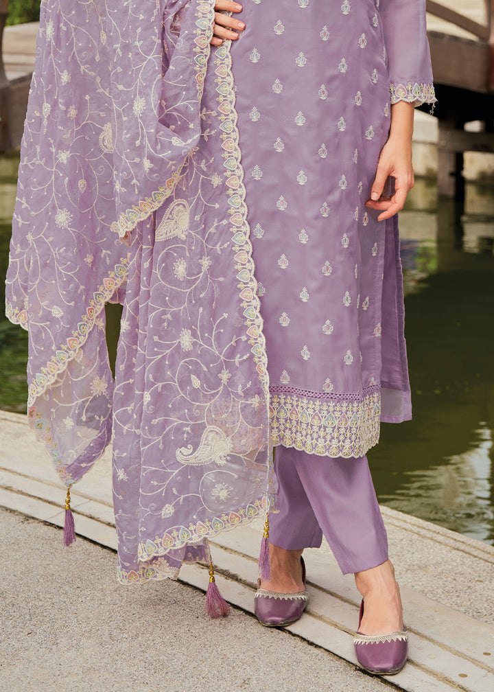  Gorgeous Lilac Purple Organza Suit with Detailed Embroidery and Flared Pants