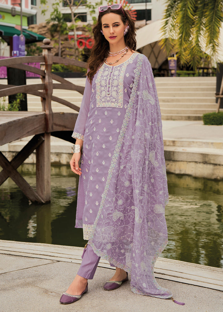 Lilac Purple Intricate Embroidered Organza Suit with Floral Patterns and Sheer Finish