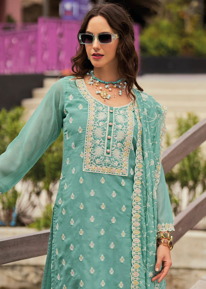 Light Persian Green Intricate Embroidered Organza Suit