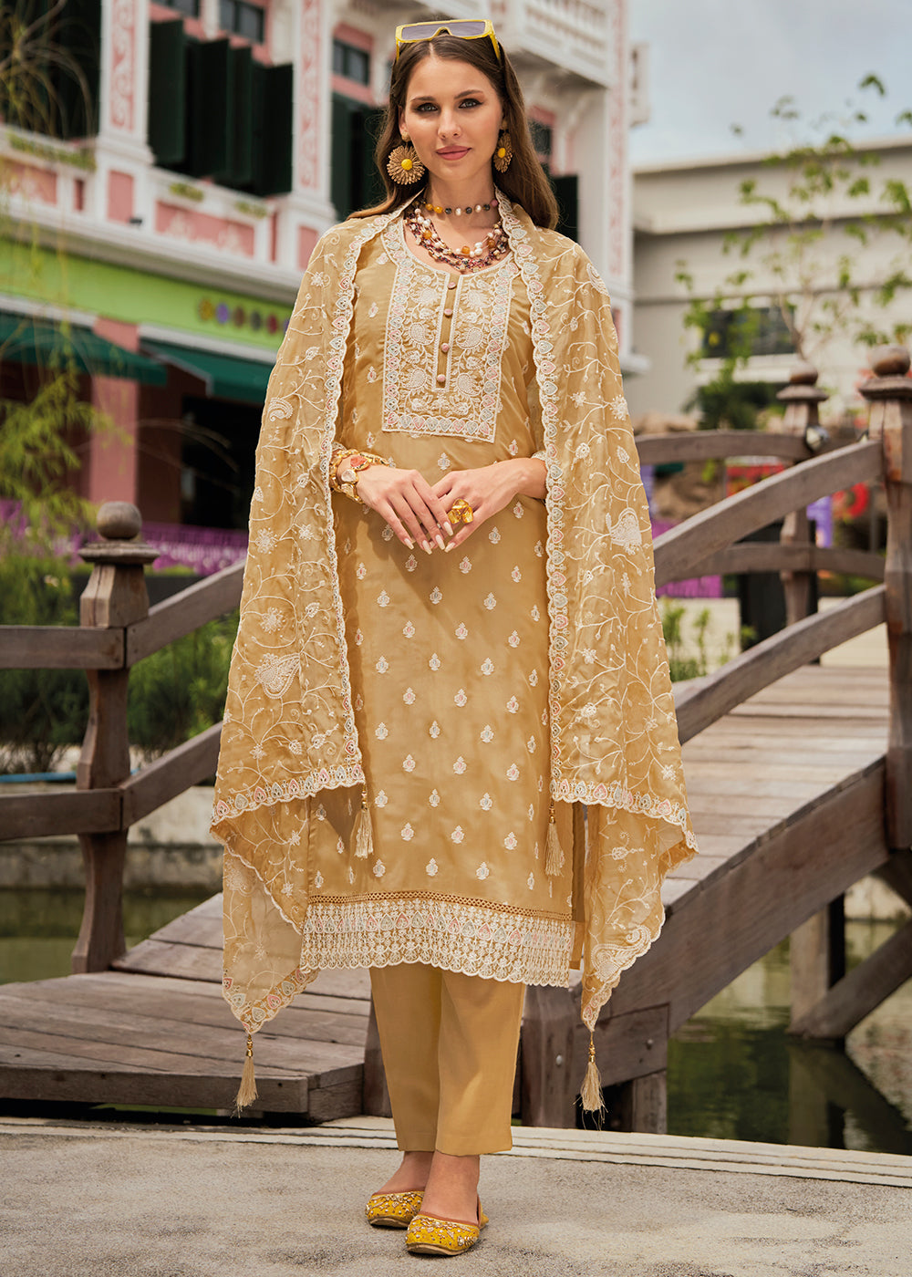 Sand Brown Intricate Embroidered Organza Suit