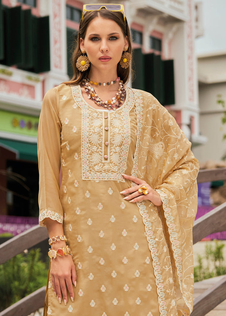 Sand Brown Intricate Embroidered Organza Suit