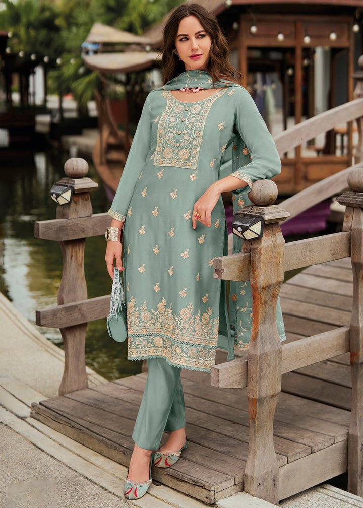 Desaturated Green Chiffon Suit having Beautiful Embrodery work