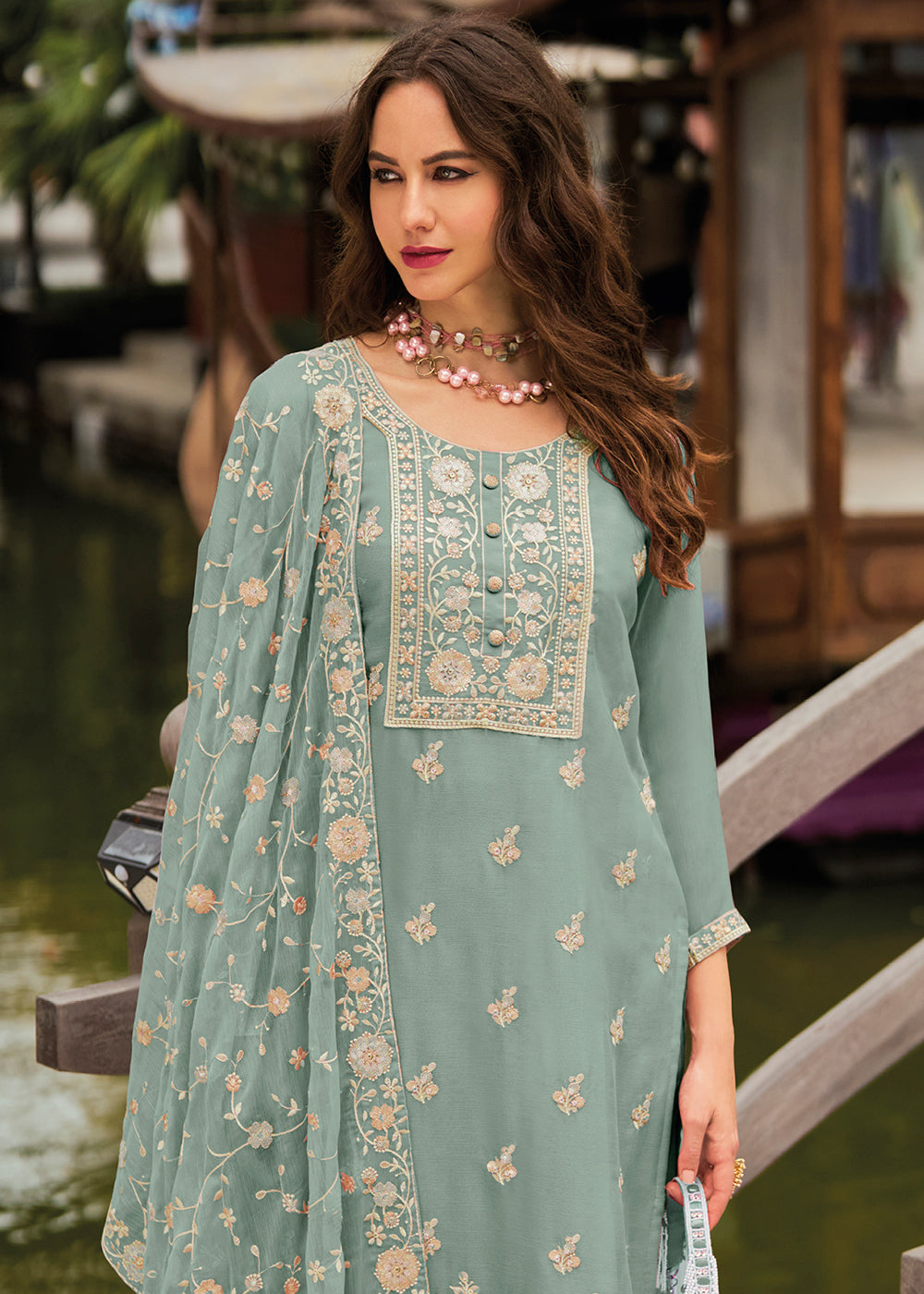 Desaturated Green Chiffon Suit having Beautiful Embrodery work