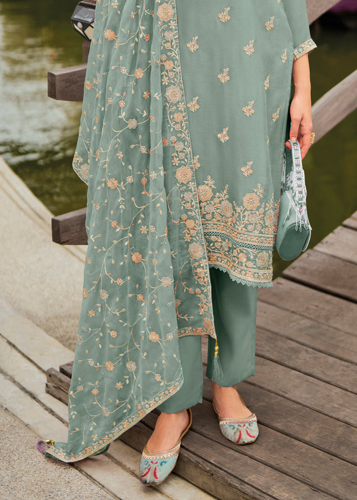 Desaturated Green Chiffon Suit having Beautiful Embrodery work