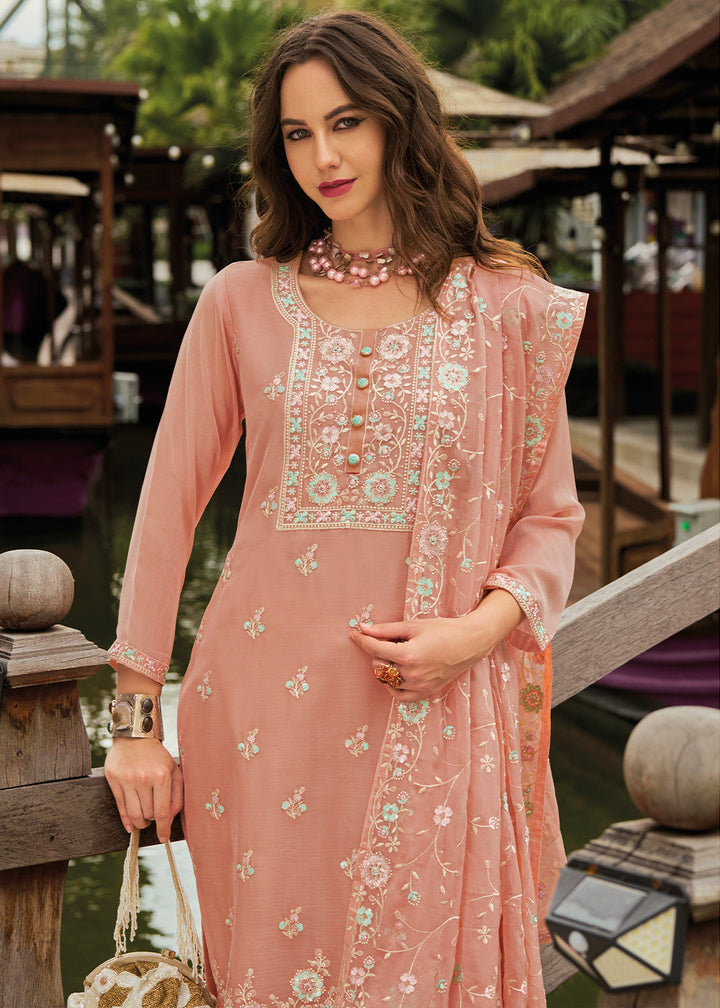 Cantaloupe Orange Chiffon Suit having Beautiful Embrodery work