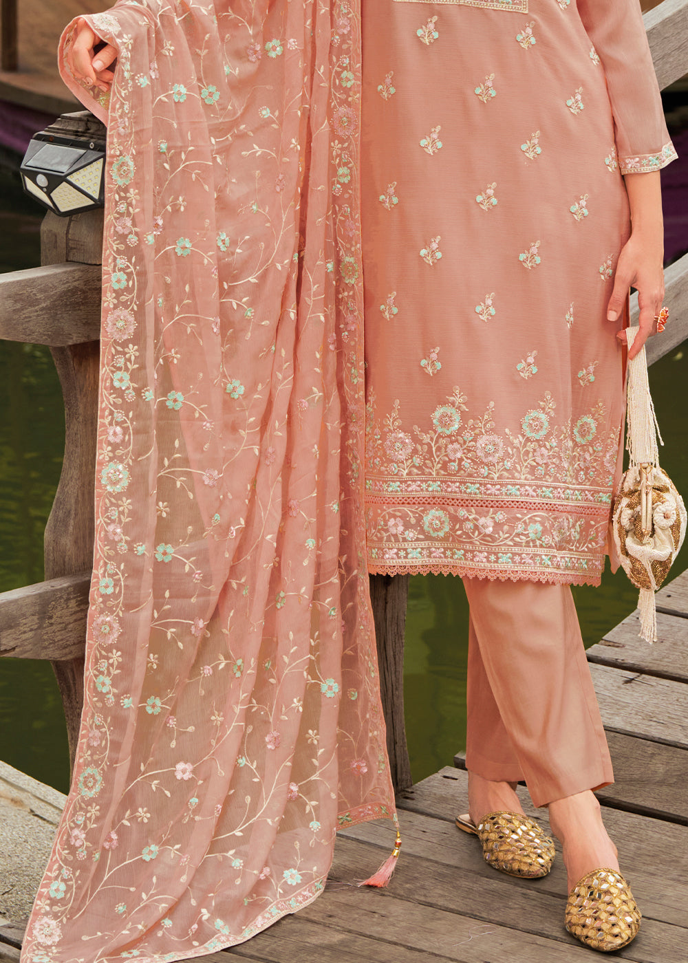 Cantaloupe Orange Chiffon Suit having Beautiful Embrodery work