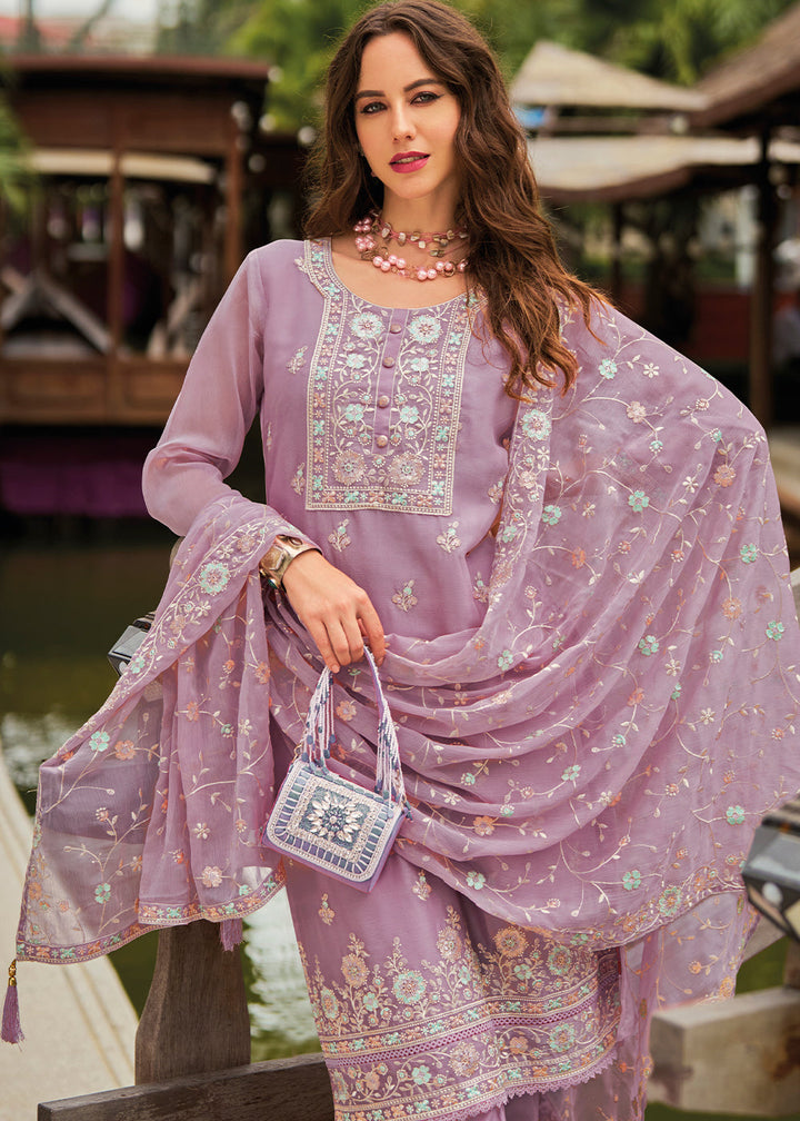 Floral Purple Chiffon Suit having Beautiful Embrodery work