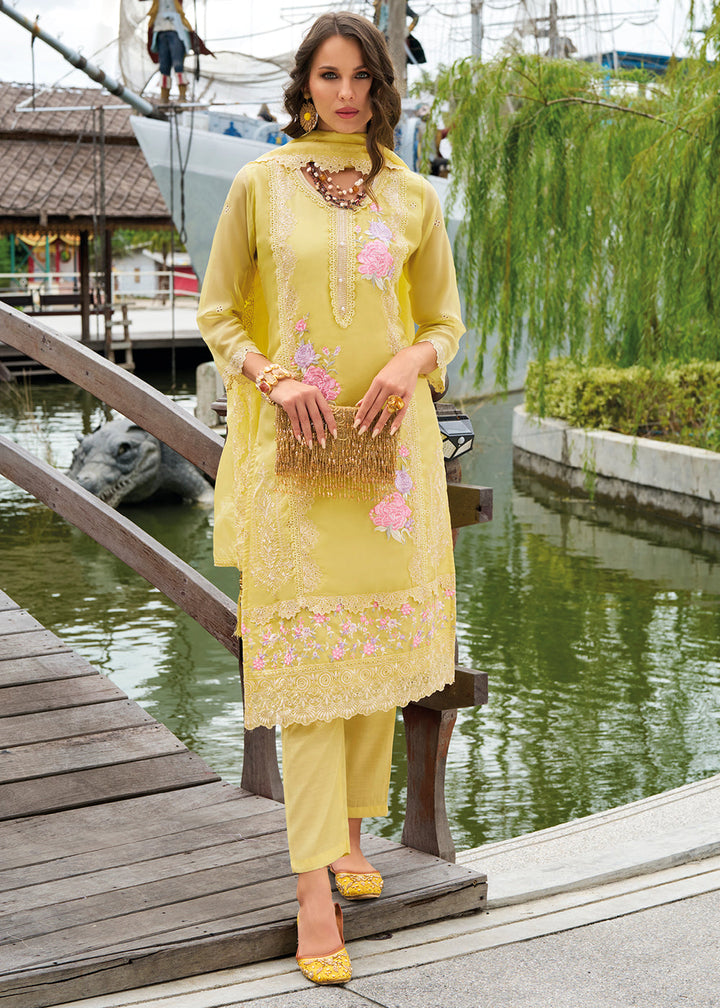 Lemon Yellow Organza Suit with Floral Embroidery work