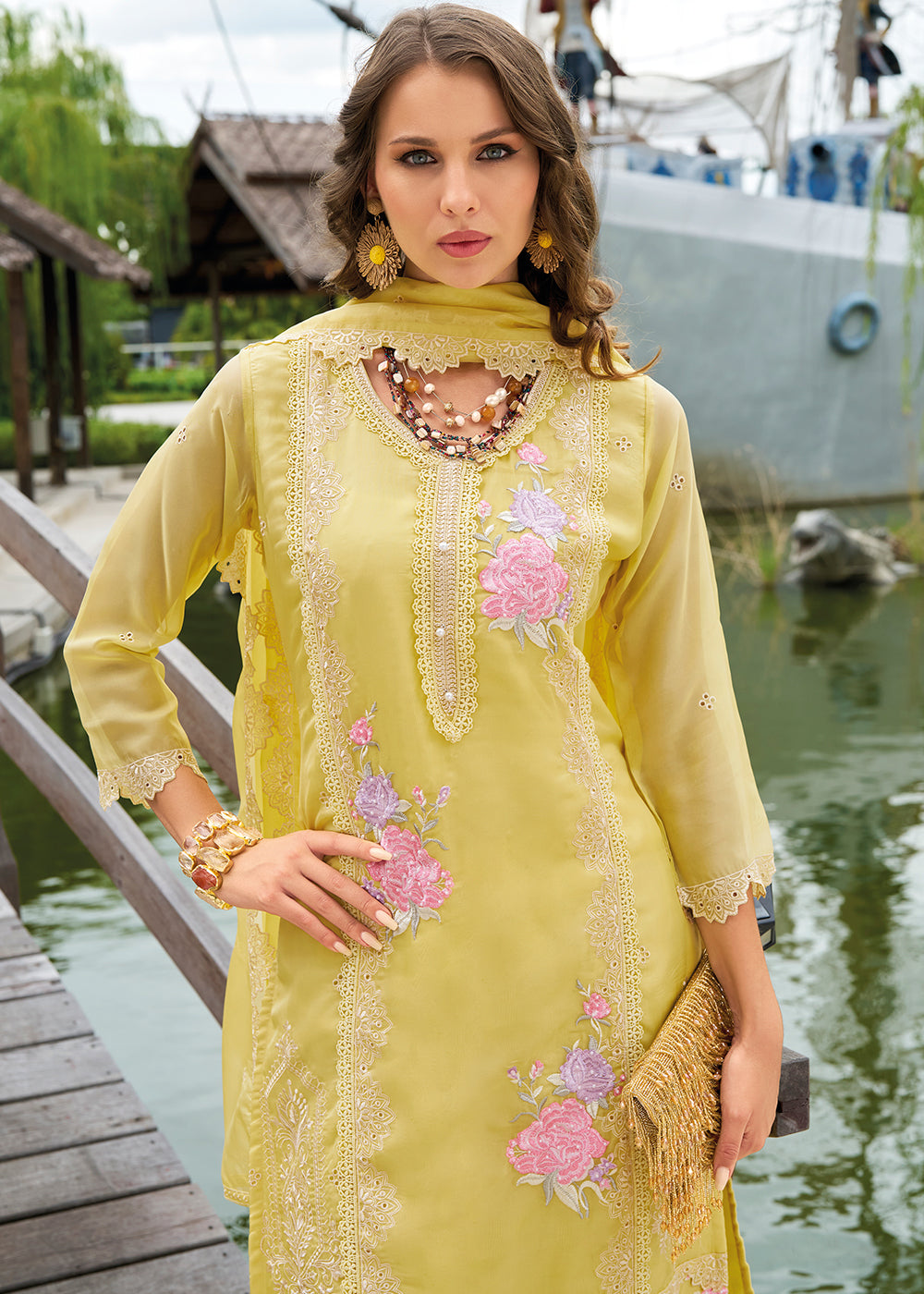 Lemon Yellow Organza Suit with Floral Embroidery work