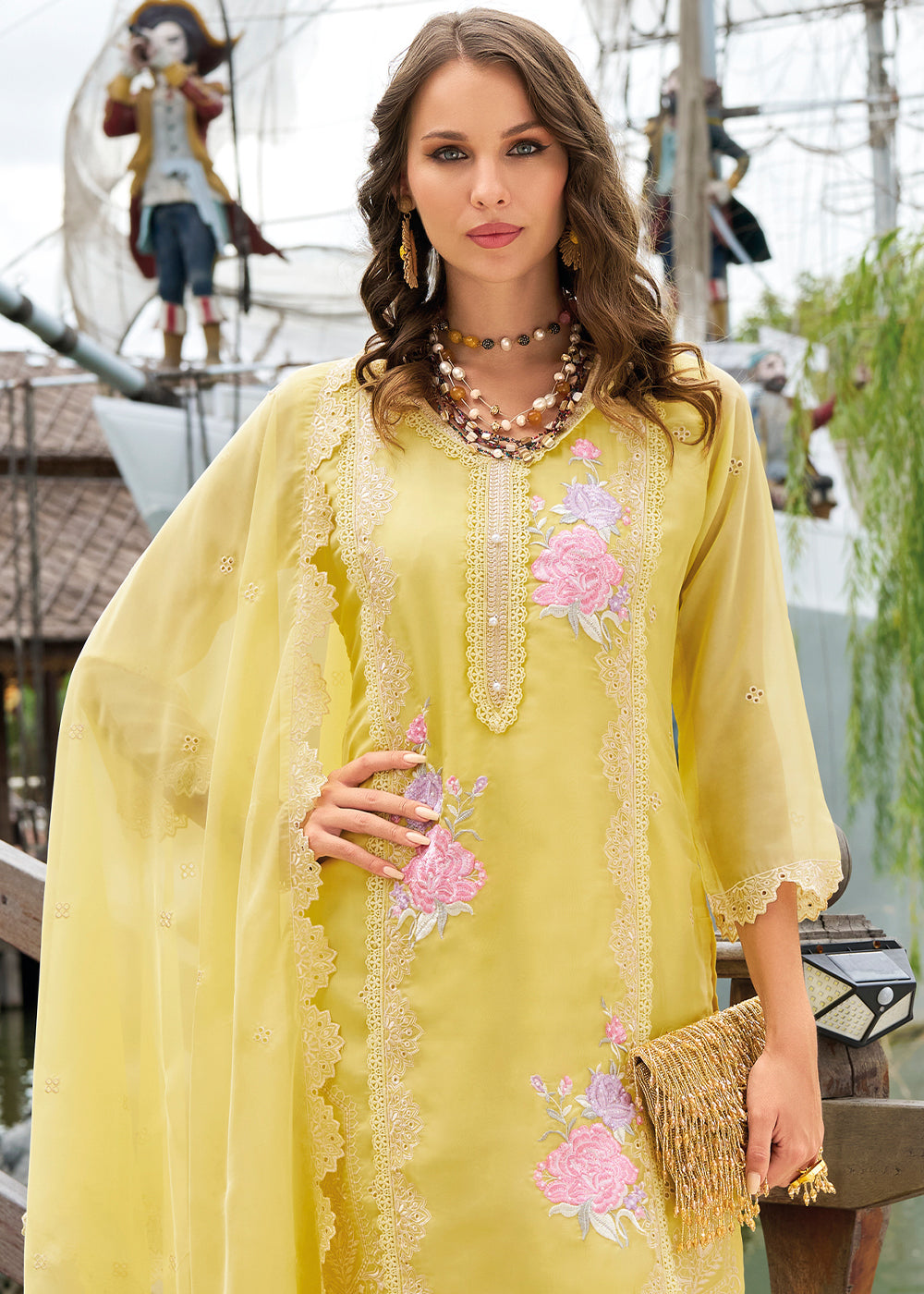 Lemon Yellow Organza Suit with Floral Embroidery work