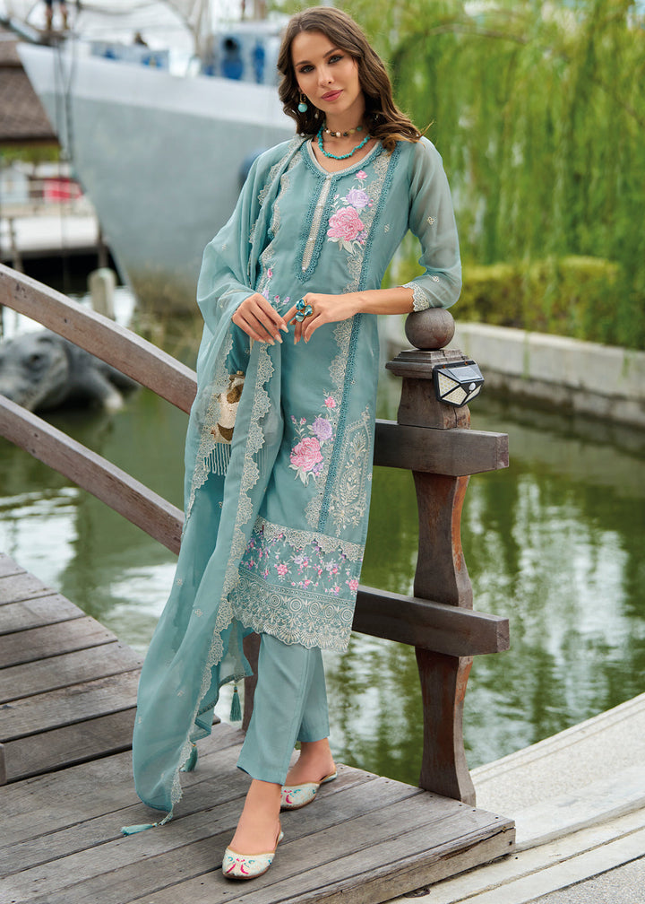 Maximum Blue Organza Suit with Floral Embroidery work