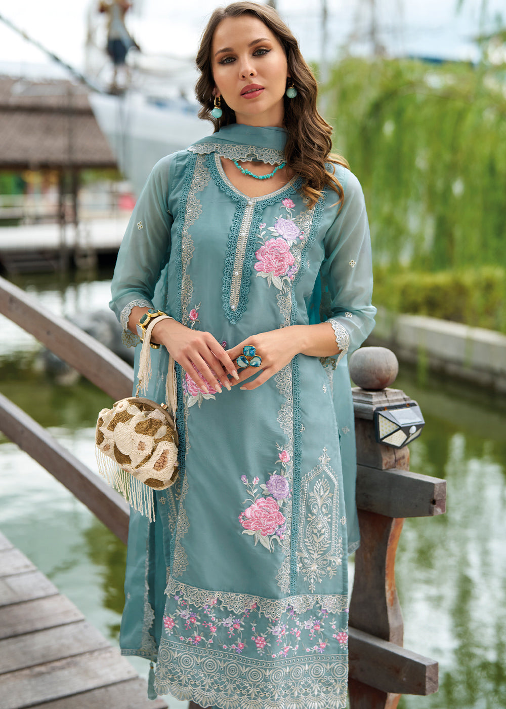 Maximum Blue Organza Suit with Floral Embroidery work