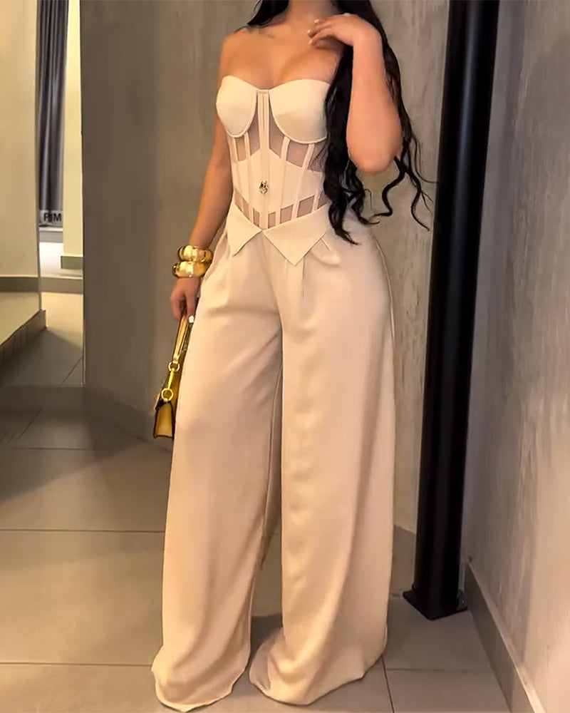 Strapless Mesh Cutout Corset Wide-Leg Jumpsuit  - By Qivii
