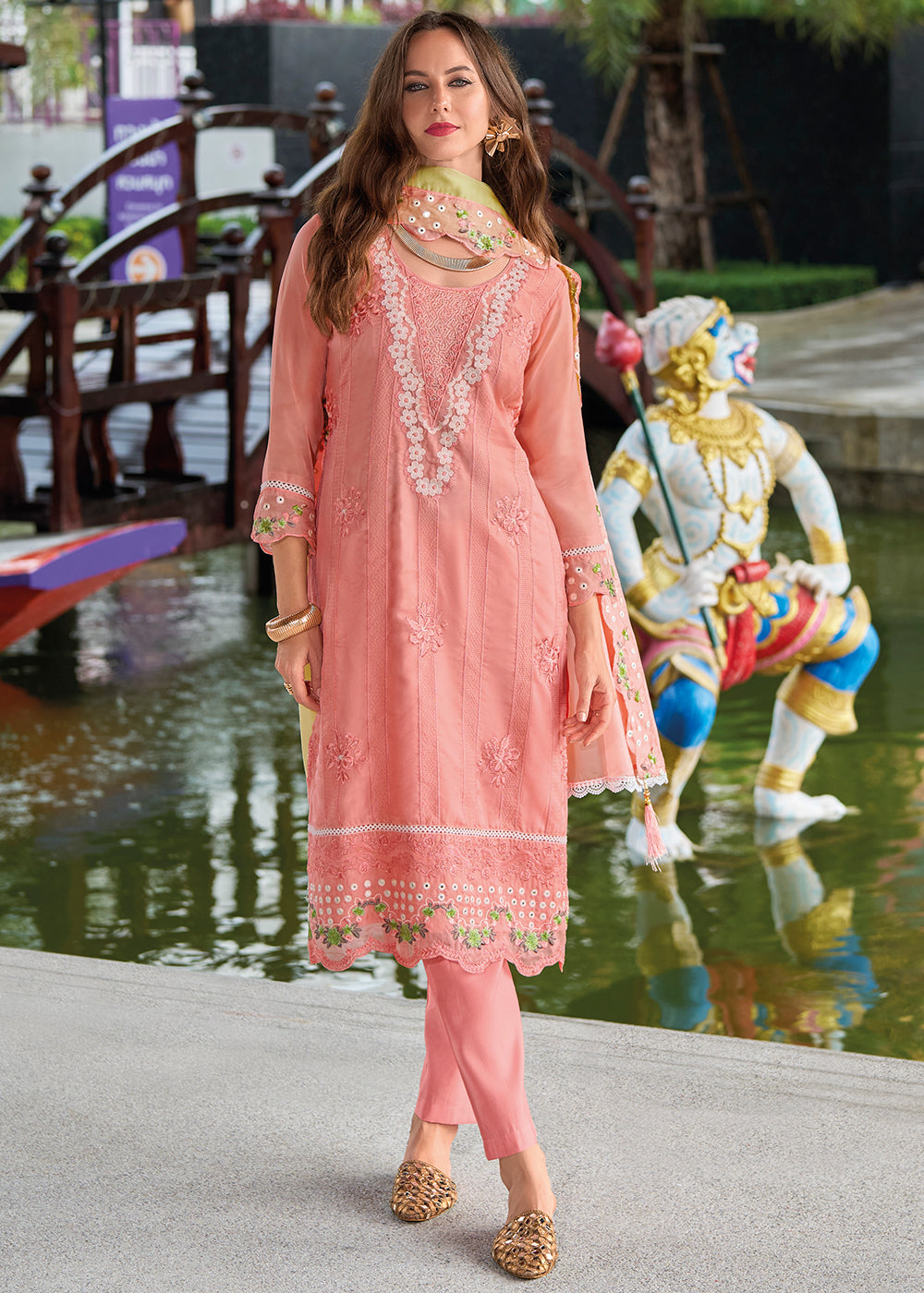 Watermelon Pink Organza Suit with Floral Embroidery work